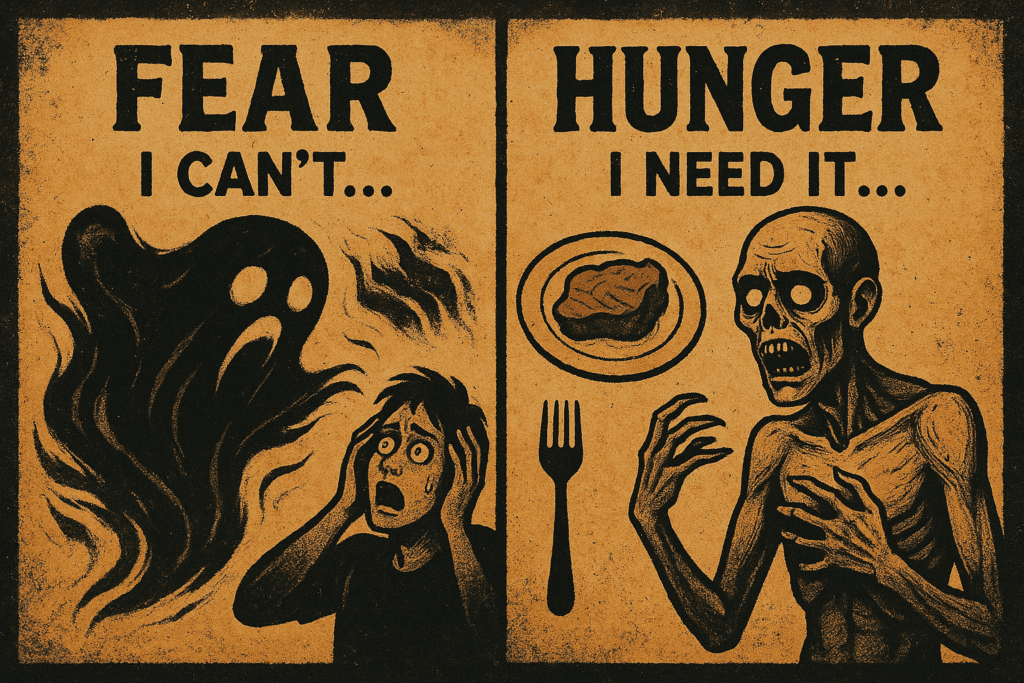Illustration contrasting fear and hunger: on the left, a person frightened by a ghost with the word 'FEAR'; on the right, a hungry skeleton reaching for food, labeled 'HUNGER.