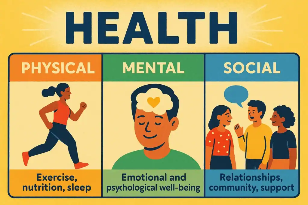 Illustration of physical, mental, and social health pillars with examples: exercise, nutrition, sleep, emotional wellbeing, and supportive relationships.