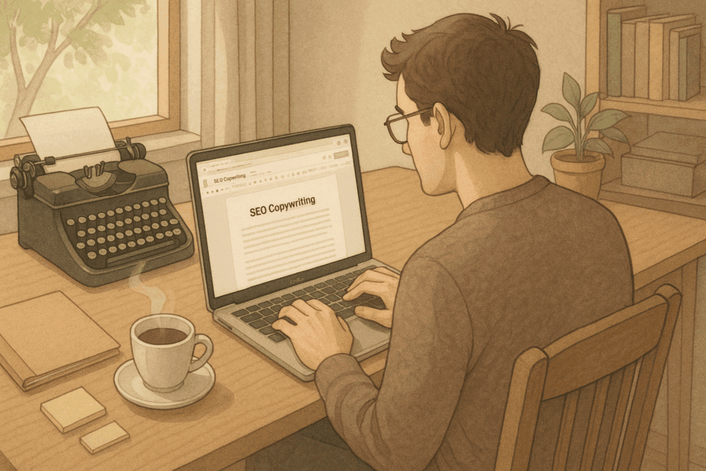 Person writing an article on SEO copywriting at a desk with a laptop, coffee, and typewriter — blending modern content creation with classic writing tools.